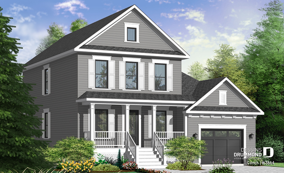 Vue avant - MODÈLE DE BASE - Plan de maison avec garage, superbe foyer, balcon à la salle à manger, 3 chambres, buanderie à l'étage - Conch