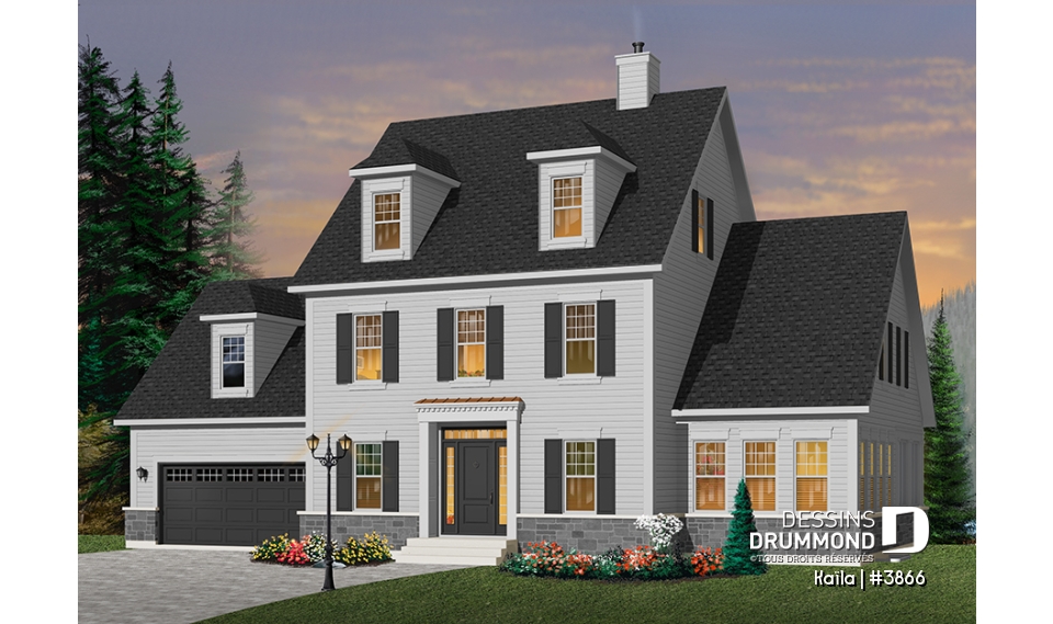 Vue avant - MODÈLE DE BASE - Plan de maison familiale à trois étages avec aire ouverte, bureau, espace boni et sous-sol aménageable - Kaïla