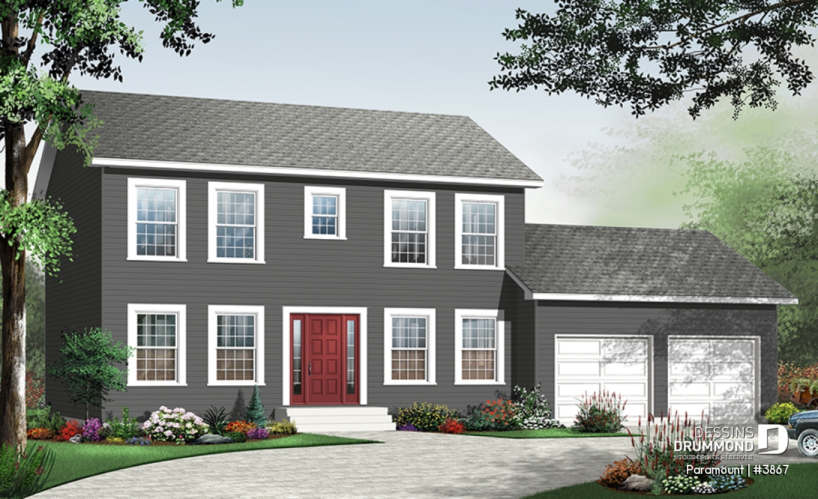 Vue avant - MODÈLE DE BASE - Plan de grande maison économique 4 chambres, garage double, salle de séjour et salle de jeux - Paramount