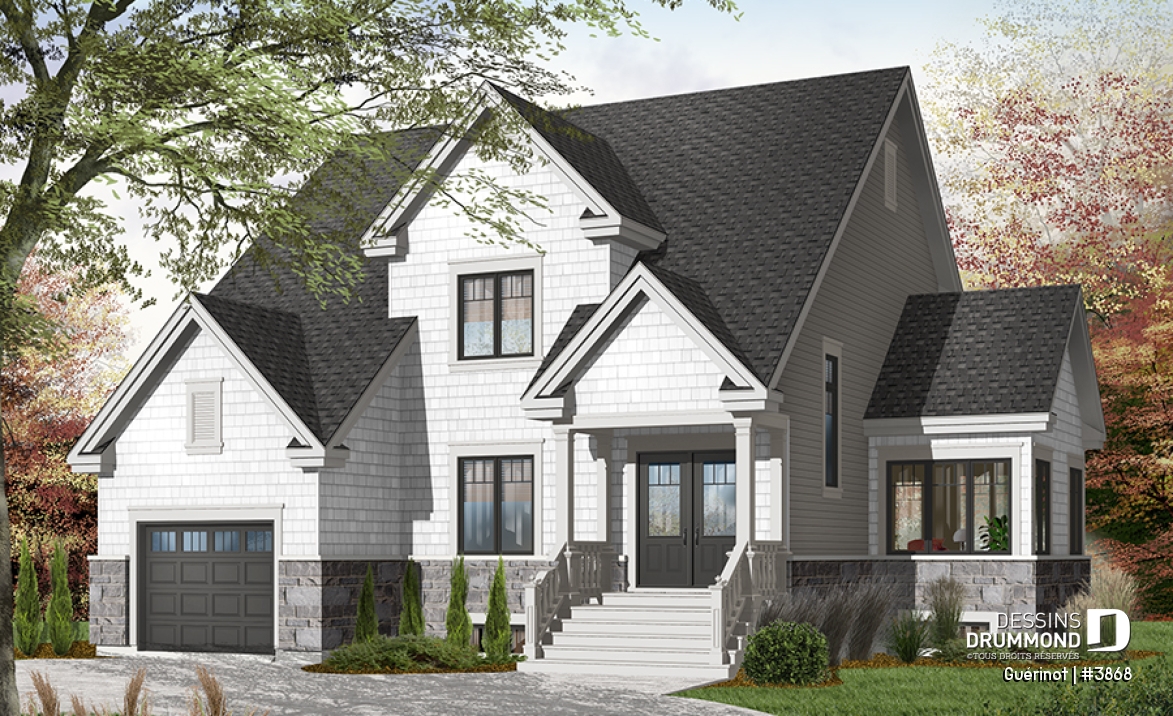 Version couleur no. 1 - Vue avant - Plan de maison style Cape Cod, 4 chambres, grand salon avec foyer, cuisine avec îlot, grande buanderie, garage - Guérinot