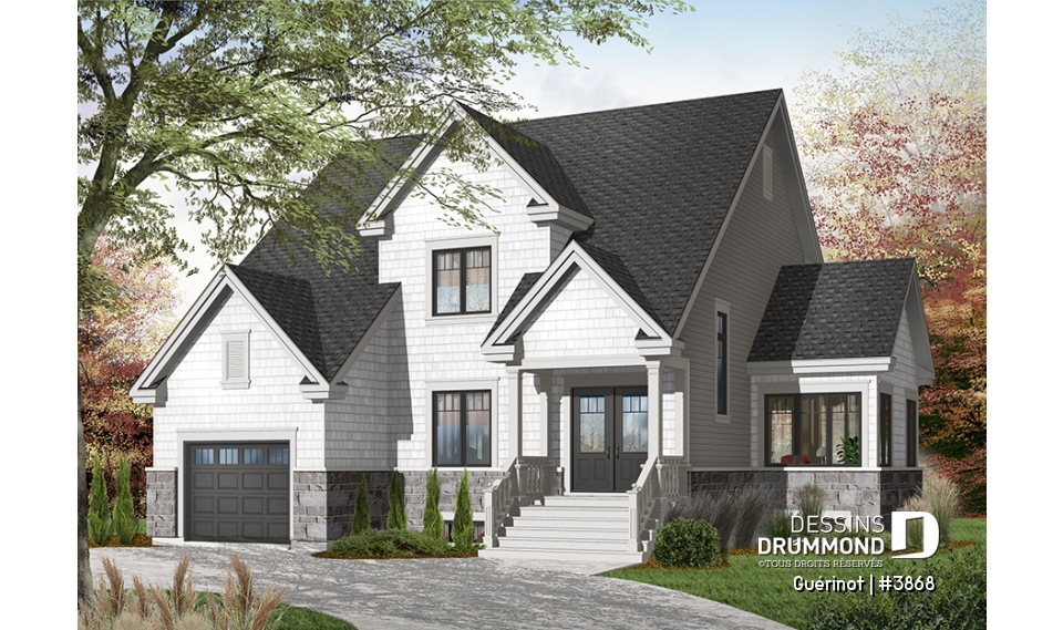Version couleur no. 1 - Vue avant - Plan de maison style Cape Cod, 4 chambres, grand salon avec foyer, cuisine avec îlot, grande buanderie, garage - Guérinot