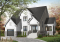 Version couleur no. 1 - Vue avant - Plan de maison style Cape Cod, 4 chambres, grand salon avec foyer, cuisine avec îlot, grande buanderie, garage - Guérinot