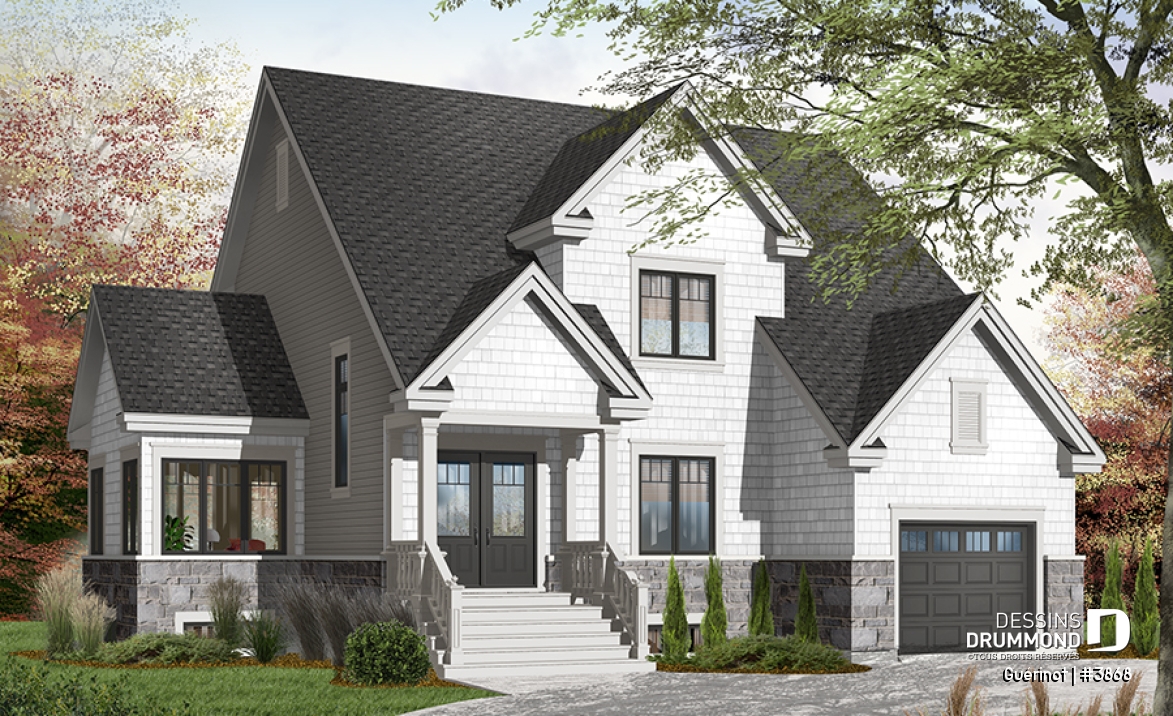 Version couleur no. 1 - Vue avant - Plan de maison style Cape Cod, 4 chambres, grand salon avec foyer, cuisine avec îlot, grande buanderie, garage - Guérinot