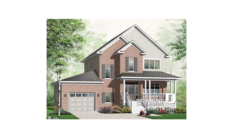 Vue avant - MODÈLE DE BASE - Plan de maison offrant garage, 3 chambres, coin lecture - Arbosse