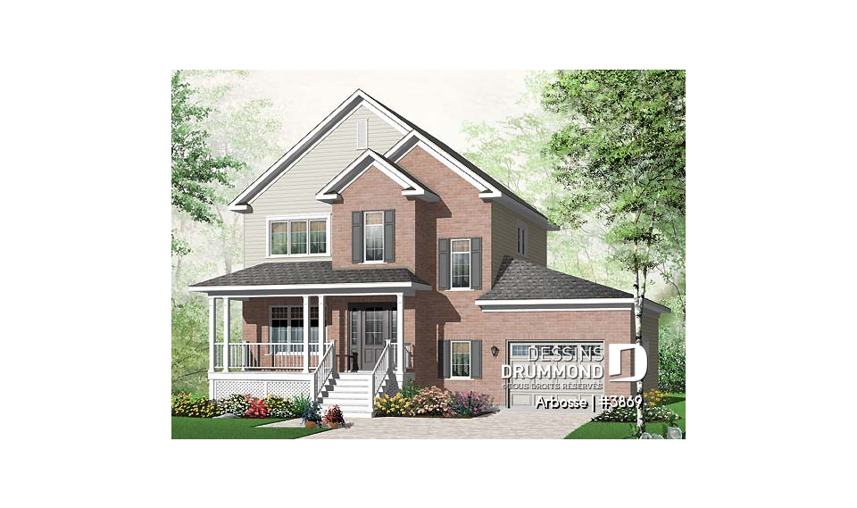 Vue avant - MODÈLE DE BASE - Plan de maison offrant garage, 3 chambres, coin lecture - Arbosse