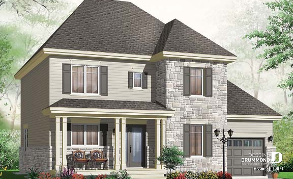 Vue avant - MODÈLE DE BASE - Plan de cottage, chambres secondaires communicantes, cuisine avec grand îlot, sous-sol à aménager - Pivoine