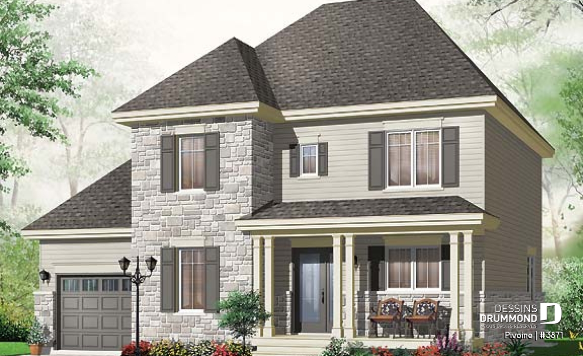 Vue avant - MODÈLE DE BASE - Plan de cottage, chambres secondaires communicantes, cuisine avec grand îlot, sous-sol à aménager - Pivoine