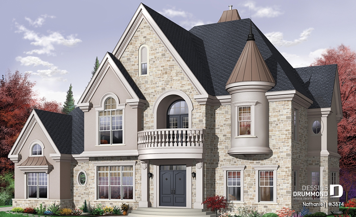 Vue avant - MODÈLE DE BASE - Plan de maison de luxe avec ascenseur, garage triple, bureau, 2 salons, foyer, 4 chambres et espace boni  - Nathaniel