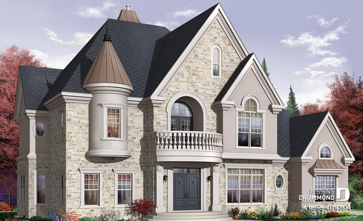 Vue avant - MODÈLE DE BASE - Plan de maison de luxe avec ascenseur, garage triple, bureau, 2 salons, foyer, 4 chambres et espace boni  - Nathaniel