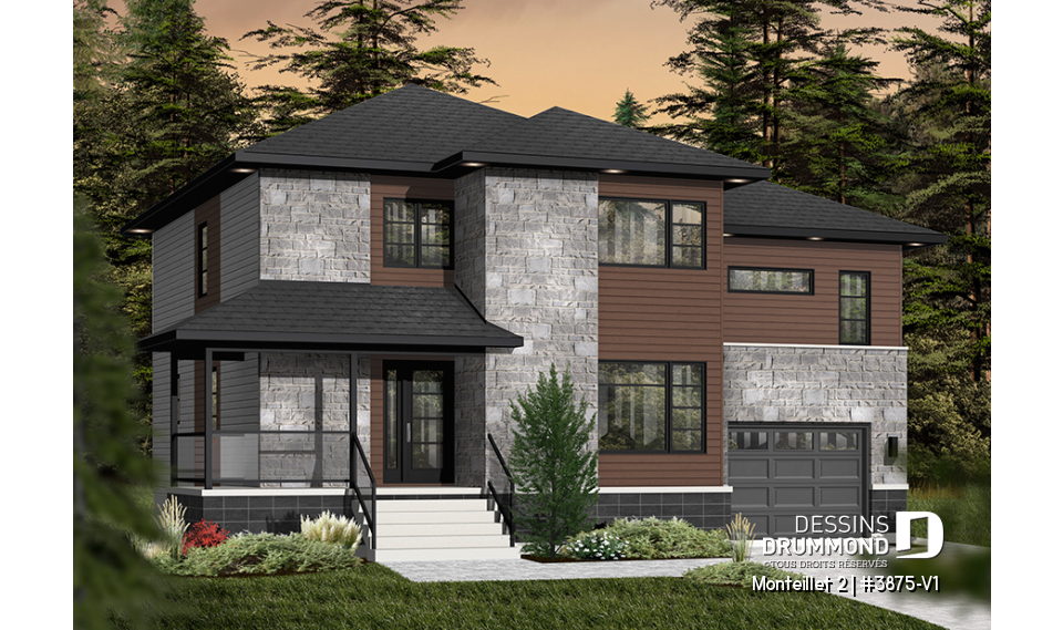 Version couleur no. 1 - Vue avant - Plan de grande maison contemporaine, 4 à 5 chambres, garage avec accès sous-sol, chute à linge, buanderie - Monteillet 2