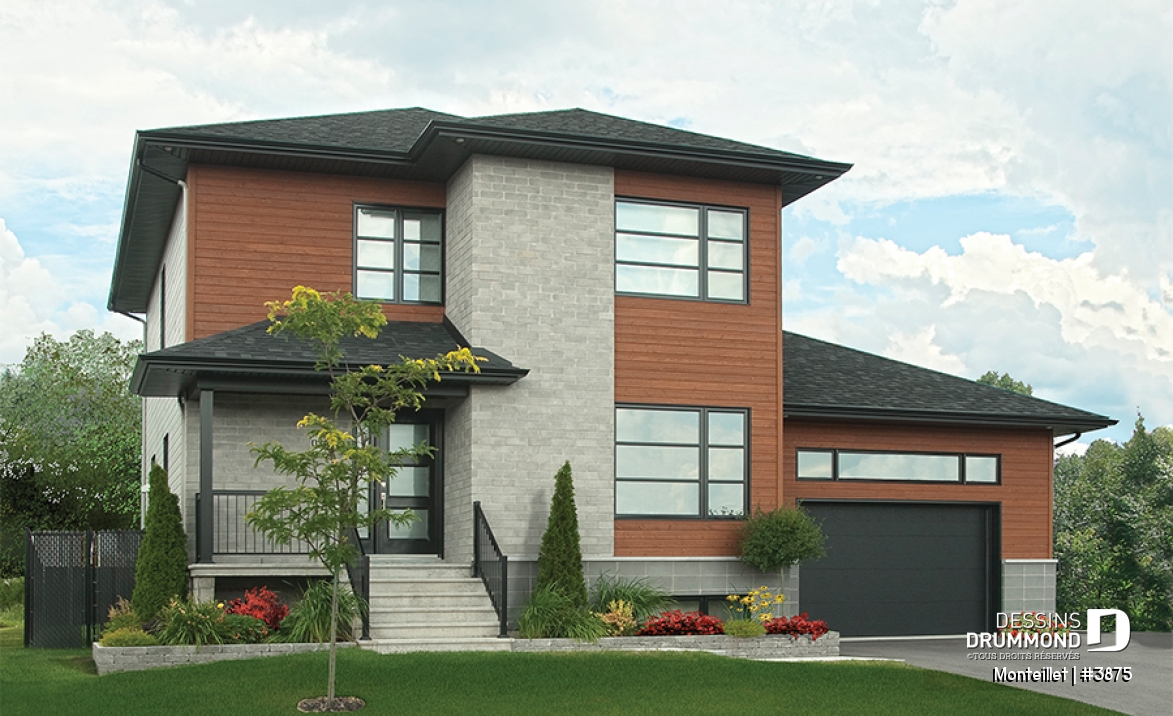 Vue avant - MODÈLE DE BASE - Plan de maison contemporaine à étage avec garage, 3 chambres, 2.5 salles de bain, foyer à la cuisine/s.manger - Monteillet