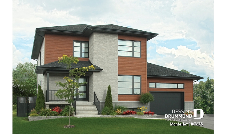 Vue avant - MODÈLE DE BASE - Plan de maison contemporaine à étage avec garage, 3 chambres, 2.5 salles de bain, foyer à la cuisine/s.manger - Monteillet