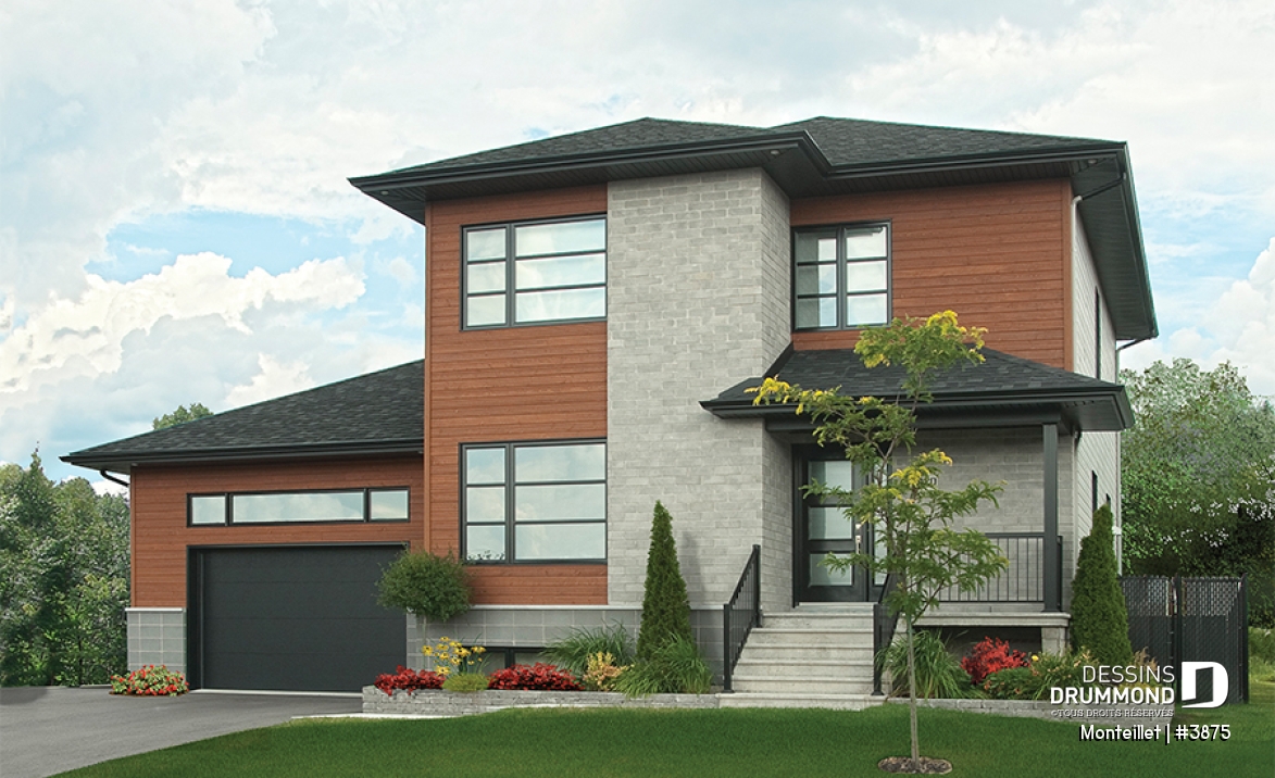 Vue avant - MODÈLE DE BASE - Plan de maison contemporaine à étage avec garage, 3 chambres, 2.5 salles de bain, foyer à la cuisine/s.manger - Monteillet