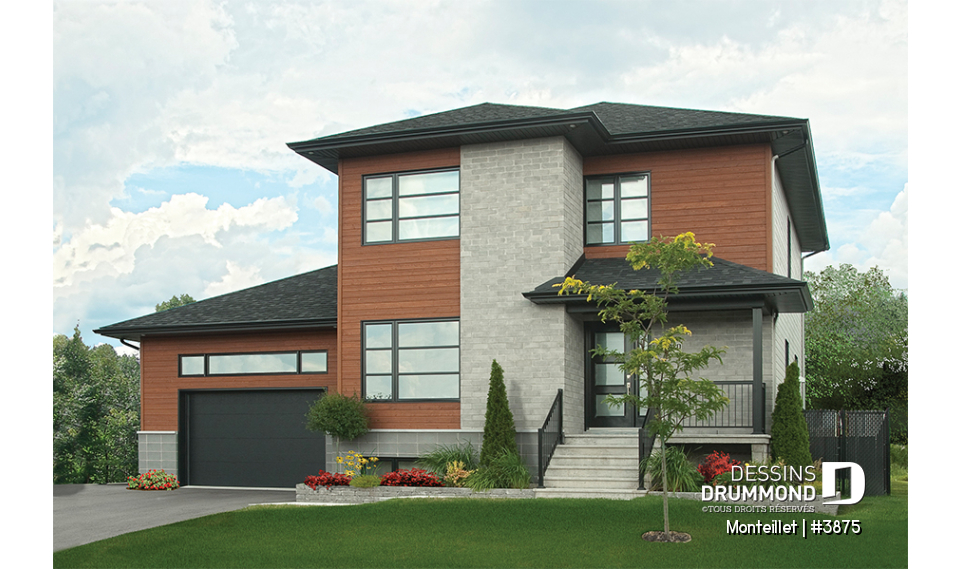Vue avant - MODÈLE DE BASE - Plan de maison contemporaine à étage avec garage, 3 chambres, 2.5 salles de bain, foyer à la cuisine/s.manger - Monteillet