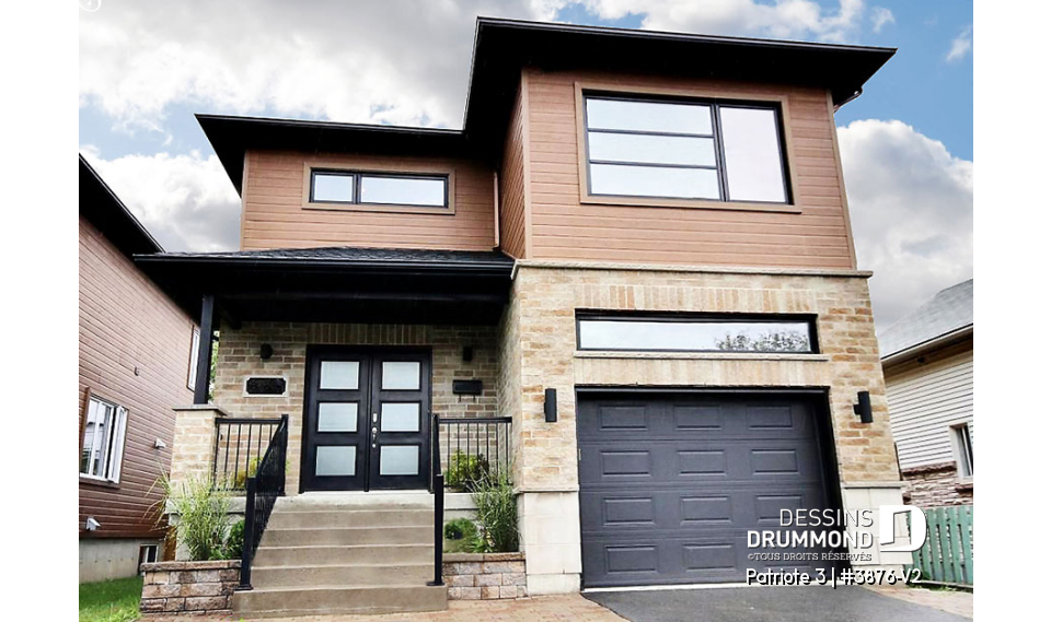 Vue avant - MODÈLE DE BASE - Plan de maison moderne pour terrain étroit avec garage, aire ouverte, 3 chambres, buanderie à l'étage - Patriote 3