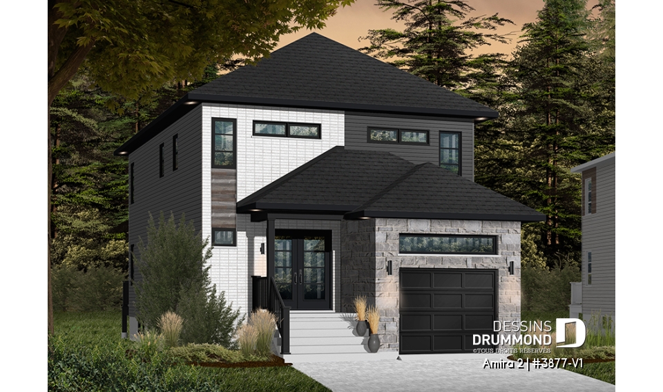 Version couleur no. 2 - Vue avant - Plan maison moderne avec garage, 3 chambres, grande chambre des parents, buanderie à l'étage - Amira 2