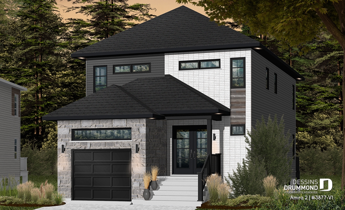 Version couleur no. 2 - Vue avant - Plan maison moderne avec garage, 3 chambres, grande chambre des parents, buanderie à l'étage - Amira 2