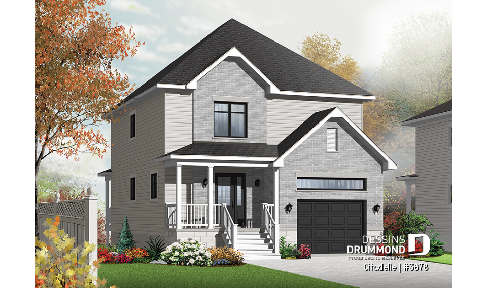 Vue avant - MODÈLE DE BASE - Plan de maison moderne, 3 chambres, garage, mezzanine, terrasse abritée, salle d'eau et buanderie au premier - Citadelle