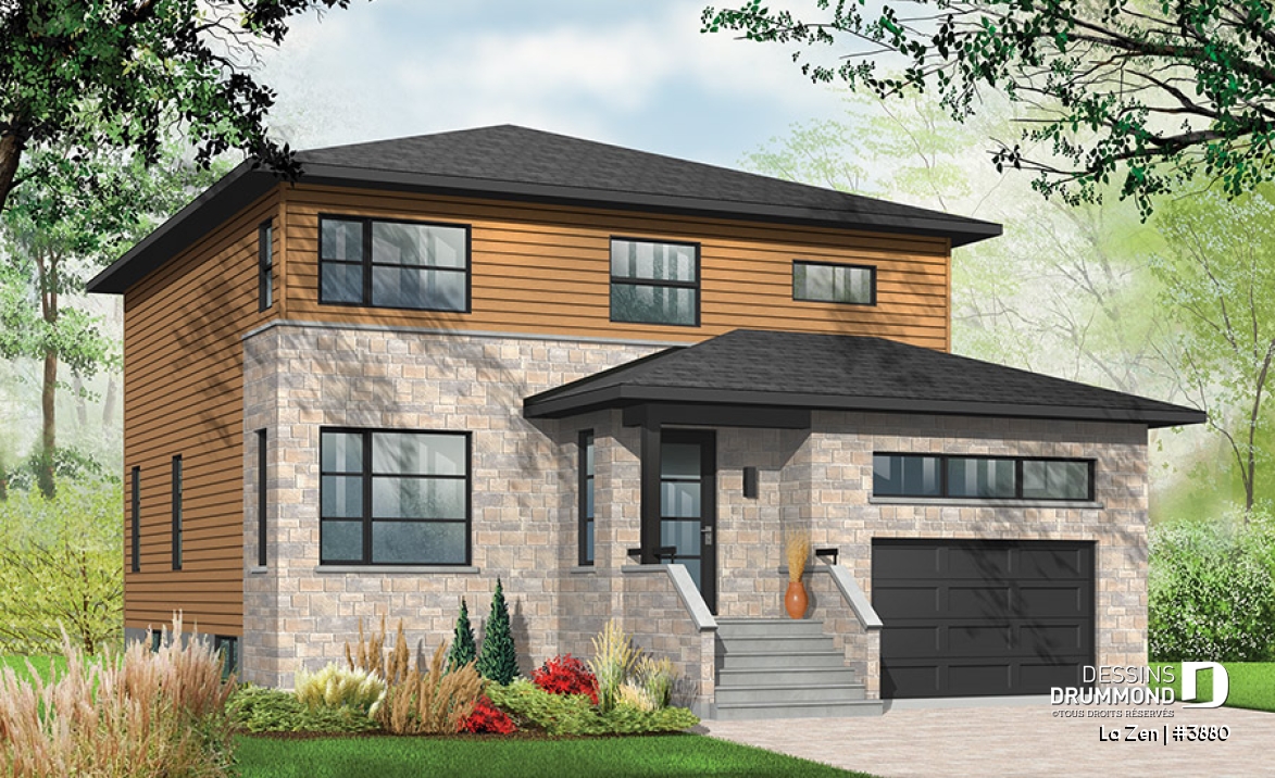 Vue avant - MODÈLE DE BASE - Plan de maison contemporaine moderne, 4 chambres,  garage, garde-manger, buanderie, espace ouvert - La Zen