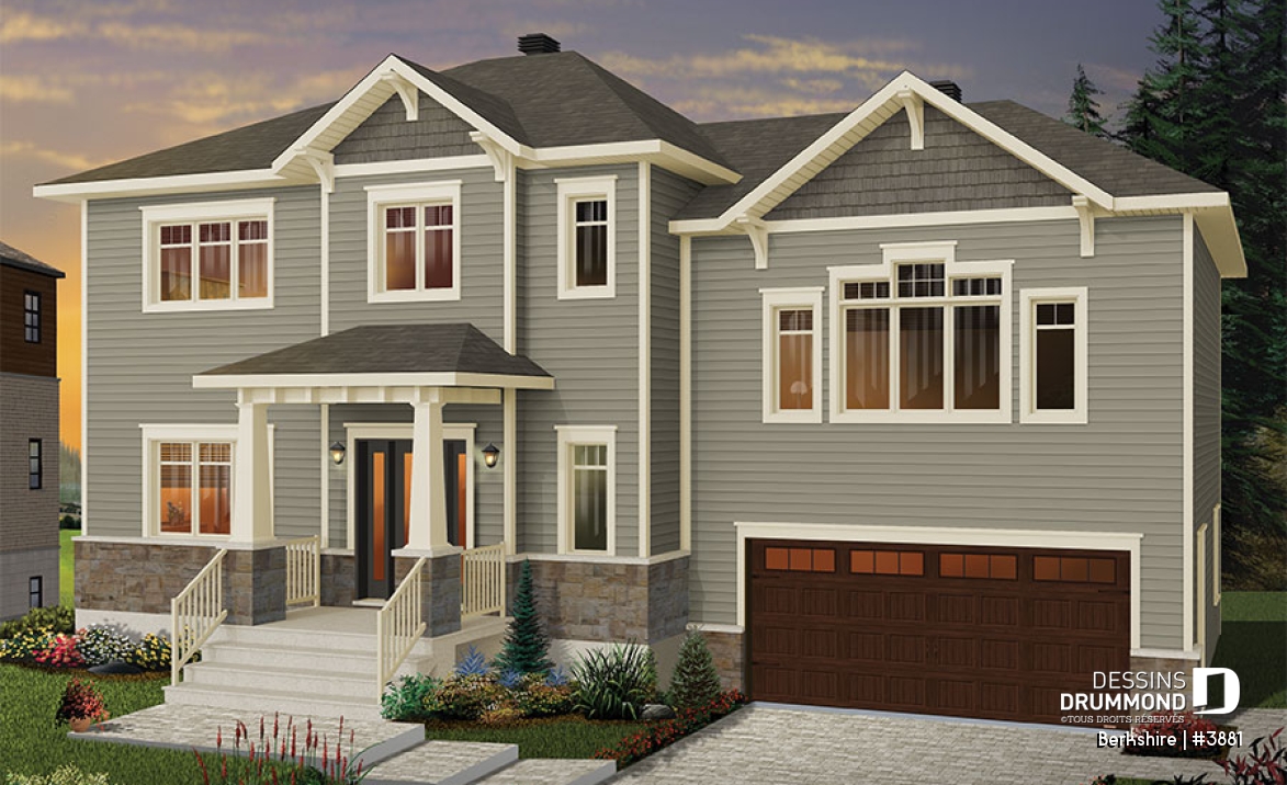 Vue avant - MODÈLE DE BASE - Plan de maison pour famille, 3 à 4 chambres, garage double, grand îlot à la cuisine, foyer - Berkshire