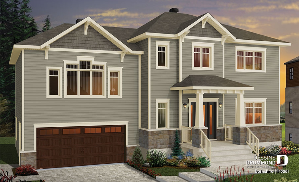 Vue avant - MODÈLE DE BASE - Plan de maison pour famille, 3 à 4 chambres, garage double, grand îlot à la cuisine, foyer - Berkshire