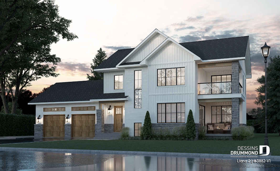 Vue avant - MODÈLE DE BASE - Farmhouse moderne avec garage double, balcon à la chambre des parents, 4 chambres  - Liana 2