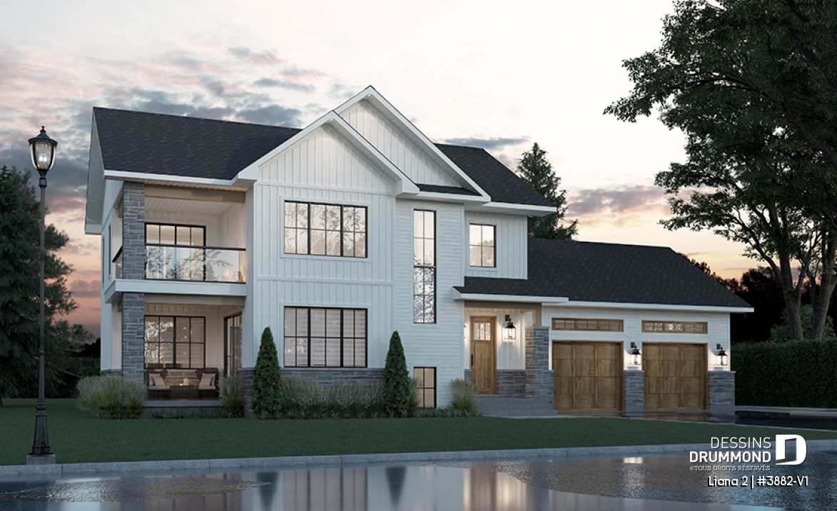 Vue avant - MODÈLE DE BASE - Farmhouse moderne avec garage double, balcon à la chambre des parents, 4 chambres  - Liana 2