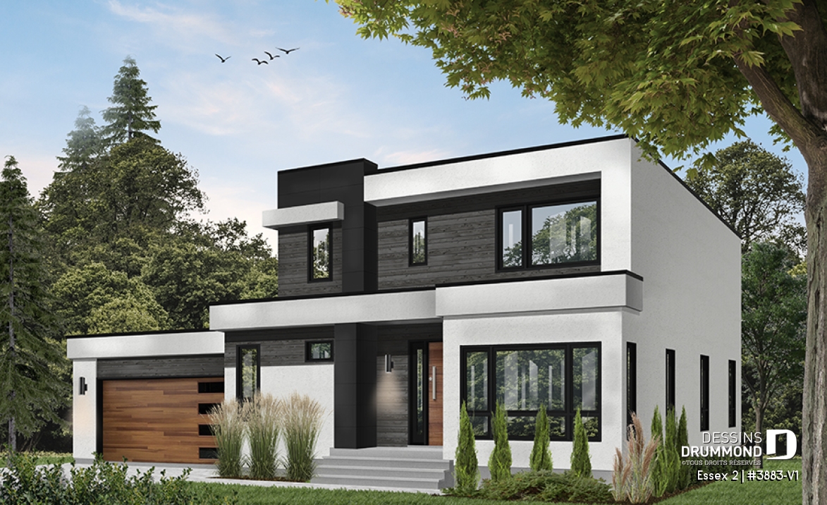 Vue avant - MODÈLE DE BASE - Maison cubique contemporaine avec garage double, 3 chambres, bureau à domicile, buanderie, balcons couverts - Essex 2