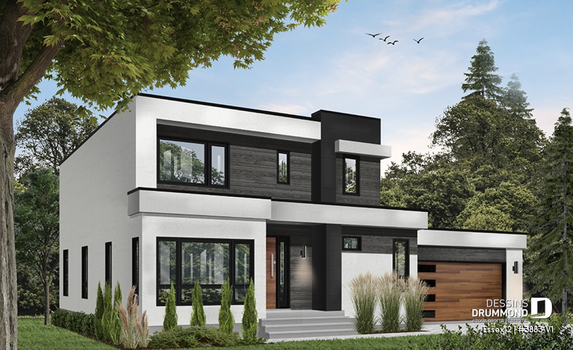 Vue avant - MODÈLE DE BASE - Maison cubique contemporaine avec garage double, 3 chambres, bureau à domicile, buanderie, balcons couverts - Essex 2