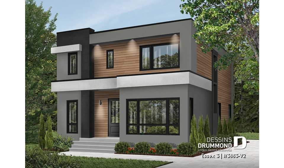 Vue avant - MODÈLE DE BASE - Plan contemporain 3 chambres, îlot &amp; garde-manger, buanderie, chute linge, vestibule fermé, bureau à domicile - Essex 3