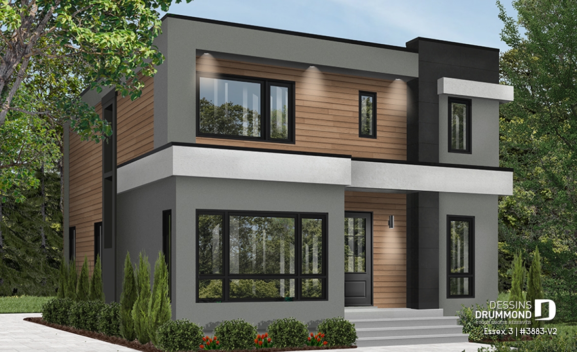 Vue avant - MODÈLE DE BASE - Plan contemporain 3 chambres, îlot &amp; garde-manger, buanderie, chute linge, vestibule fermé, bureau à domicile - Essex 3