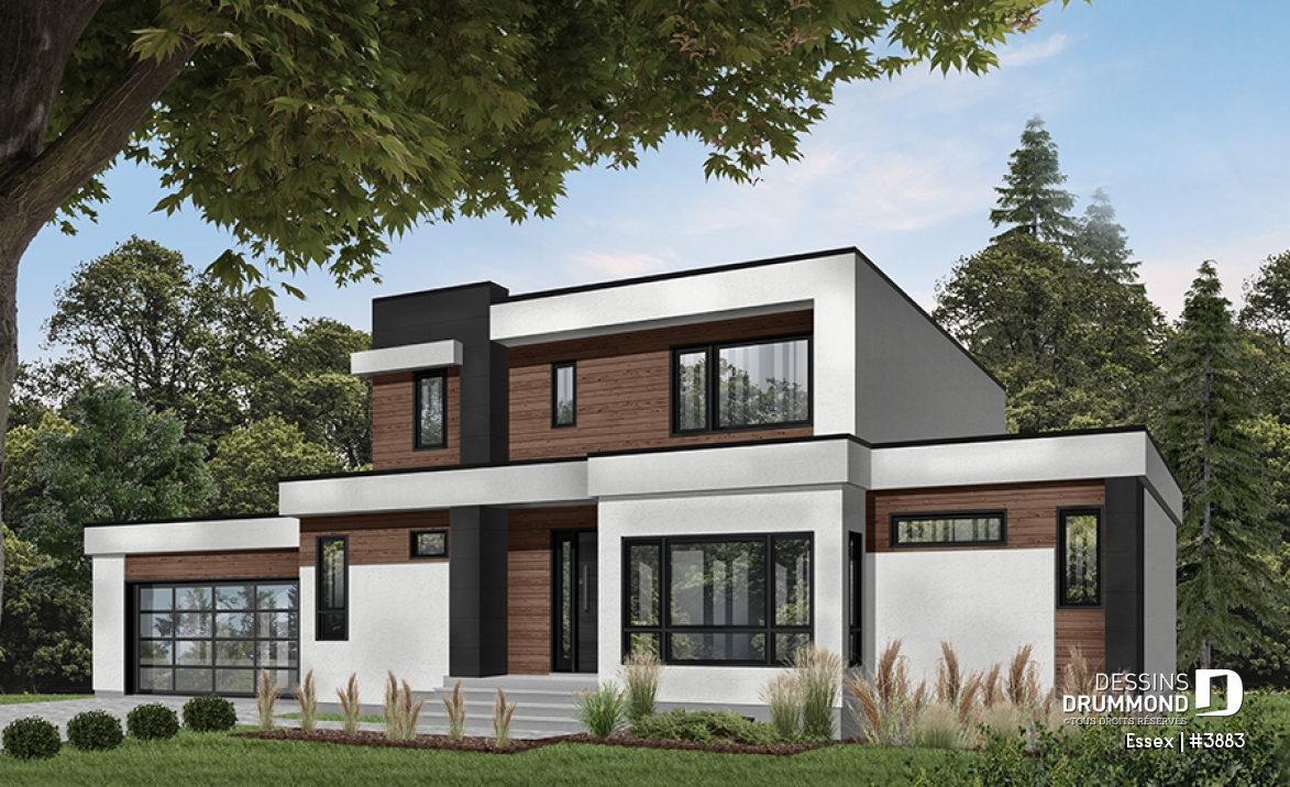 Version couleur no. 1 - Vue avant - Maison cubique moderne, bureau à domicile, garde-manger, aire ouverte, foyer, balcon couvert, garage double - Essex