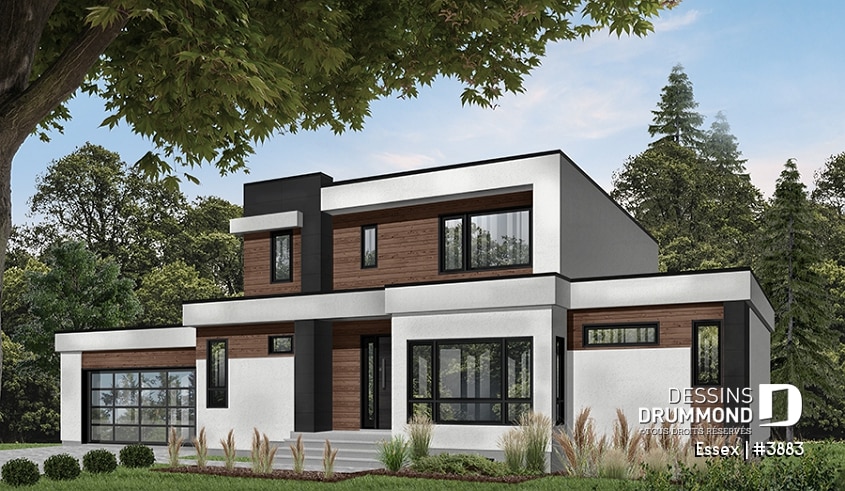 Version couleur no. 1 - Vue avant - Maison cubique moderne, bureau à domicile, garde-manger, aire ouverte, foyer, balcon couvert, garage double - Essex