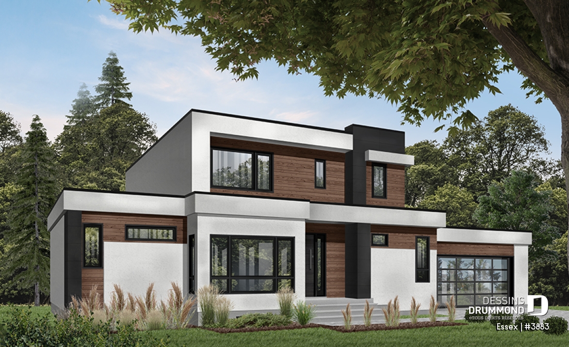 Version couleur no. 1 - Vue avant - Maison cubique moderne, bureau à domicile, garde-manger, aire ouverte, foyer, balcon couvert, garage double - Essex