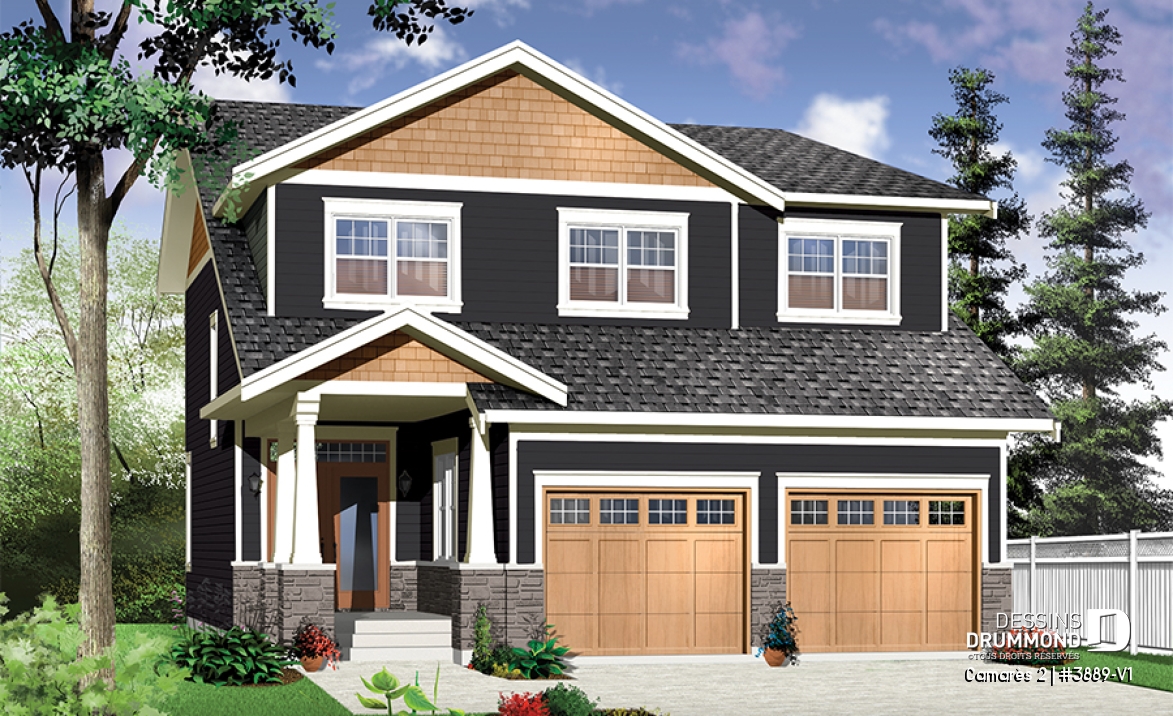 Vue avant - MODÈLE DE BASE - Plan de maison à étage 4 à 5 chambres, garage double, style Craftsman, garde-manger, foyer, buanderie - Camarès 2