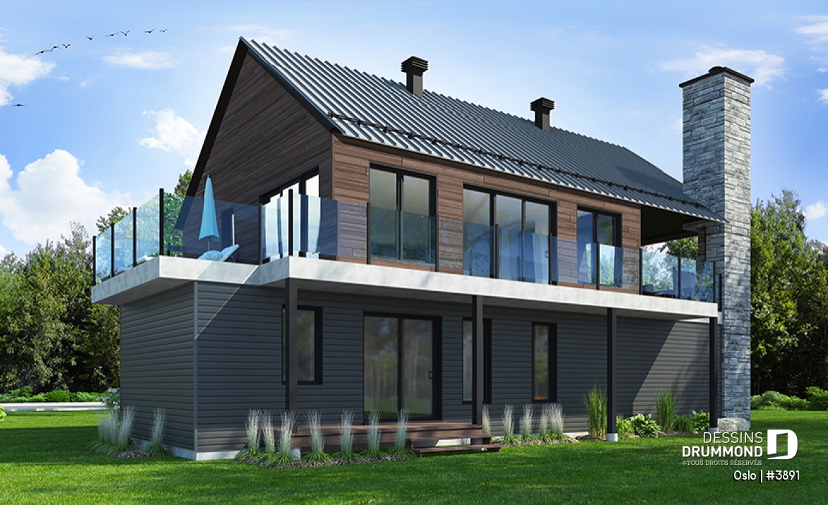 Vue arrière - MODÈLE DE BASE - Plan de maison scandinave 3 à 4 chambres, planchers inversés (chambres au RDC et reste à l'étage) - Oslo