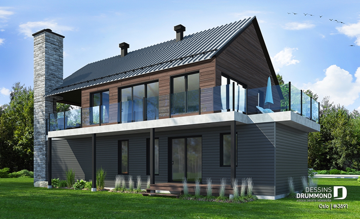 Vue arrière - MODÈLE DE BASE - Plan de maison scandinave 3 à 4 chambres, planchers inversés (chambres au RDC et reste à l'étage) - Oslo