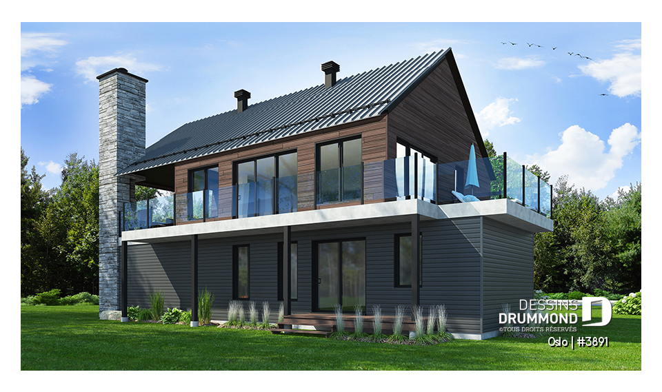 Vue arrière - MODÈLE DE BASE - Plan de maison scandinave 3 à 4 chambres, planchers inversés (chambres au RDC et reste à l'étage) - Oslo