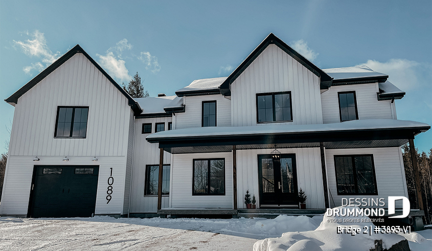 Vue avant - MODÈLE DE BASE - Plan de maison farmhouse 3 à 5 chambres, bureau, garage, salle de jeux, 2 grandes terrasses arrière - Bridge 2