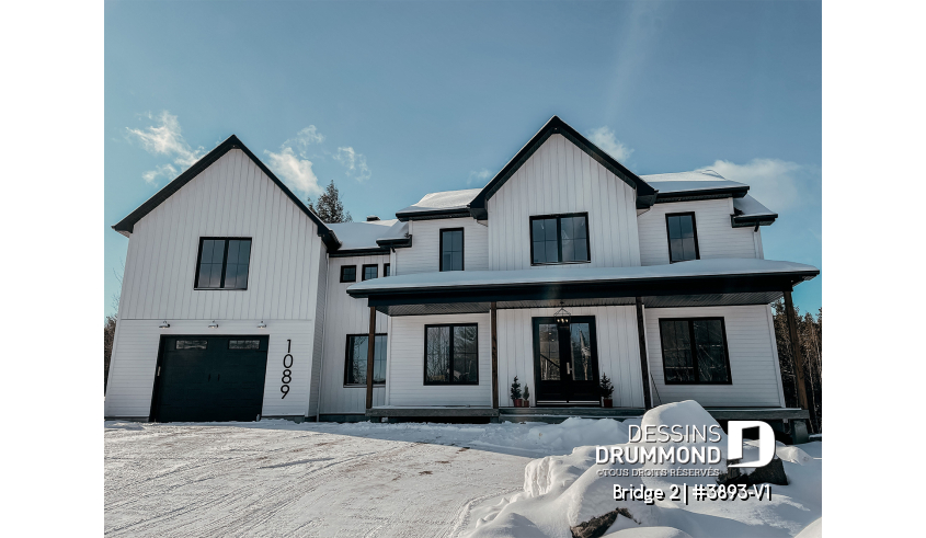 Vue avant - MODÈLE DE BASE - Plan de maison farmhouse 3 à 5 chambres, bureau, garage, salle de jeux, 2 grandes terrasses arrière - Bridge 2