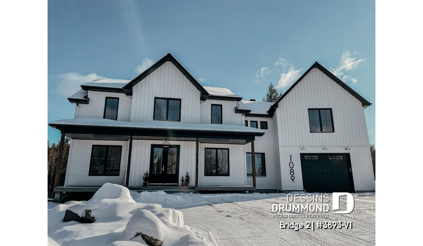 Vue avant - MODÈLE DE BASE du plan de maison unifamiliale 3893-V1 Vue avant - MODÈLE DE BASE - Plan de maison farmhouse 3 à 5 chambres, bureau, garage, salle de jeux, 2 grandes terrasses arrière - Bridge 2