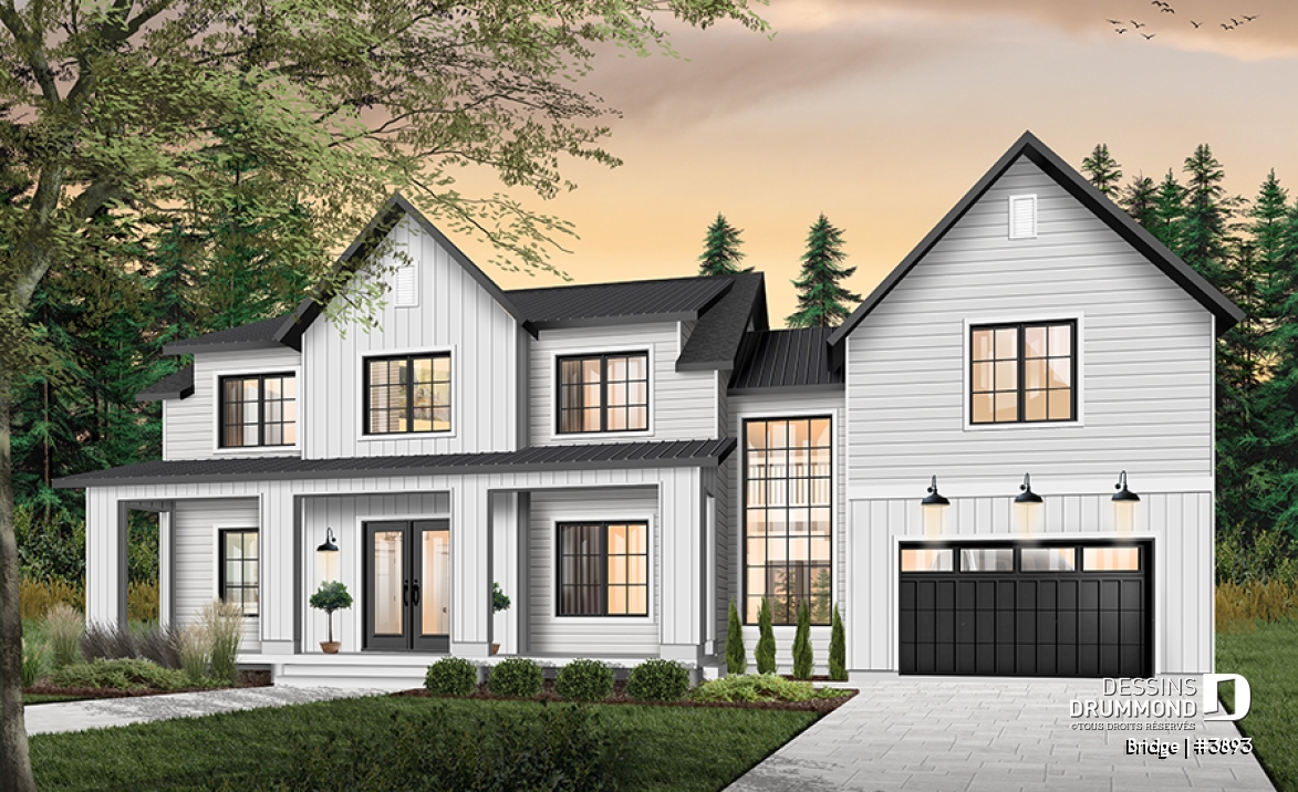 Vue avant - MODÈLE DE BASE - Plan maison 4 chambres, moderne rustique, 3 salles de bain, grand garage, salon avec plafond 20 pi. - Bridge
