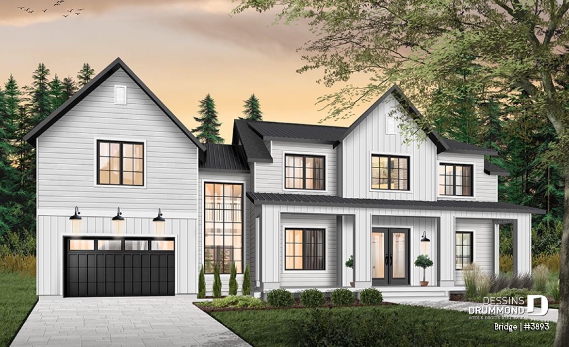 Vue avant - MODÈLE DE BASE - Plan maison 4 chambres, moderne rustique, 3 salles de bain, grand garage, salon avec plafond 20 pi. - Bridge