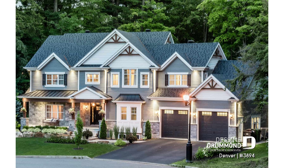 Vue avant - MODÈLE DE BASE - Denver : Modèle de maison de 4 à 6 chambres avec demi-terrain de basketball et grand garage double - Denver