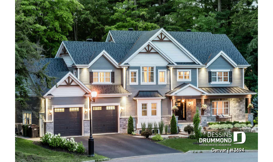 Vue avant - MODÈLE DE BASE - Denver : Modèle de maison de 4 à 6 chambres avec demi-terrain de basketball et grand garage double - Denver