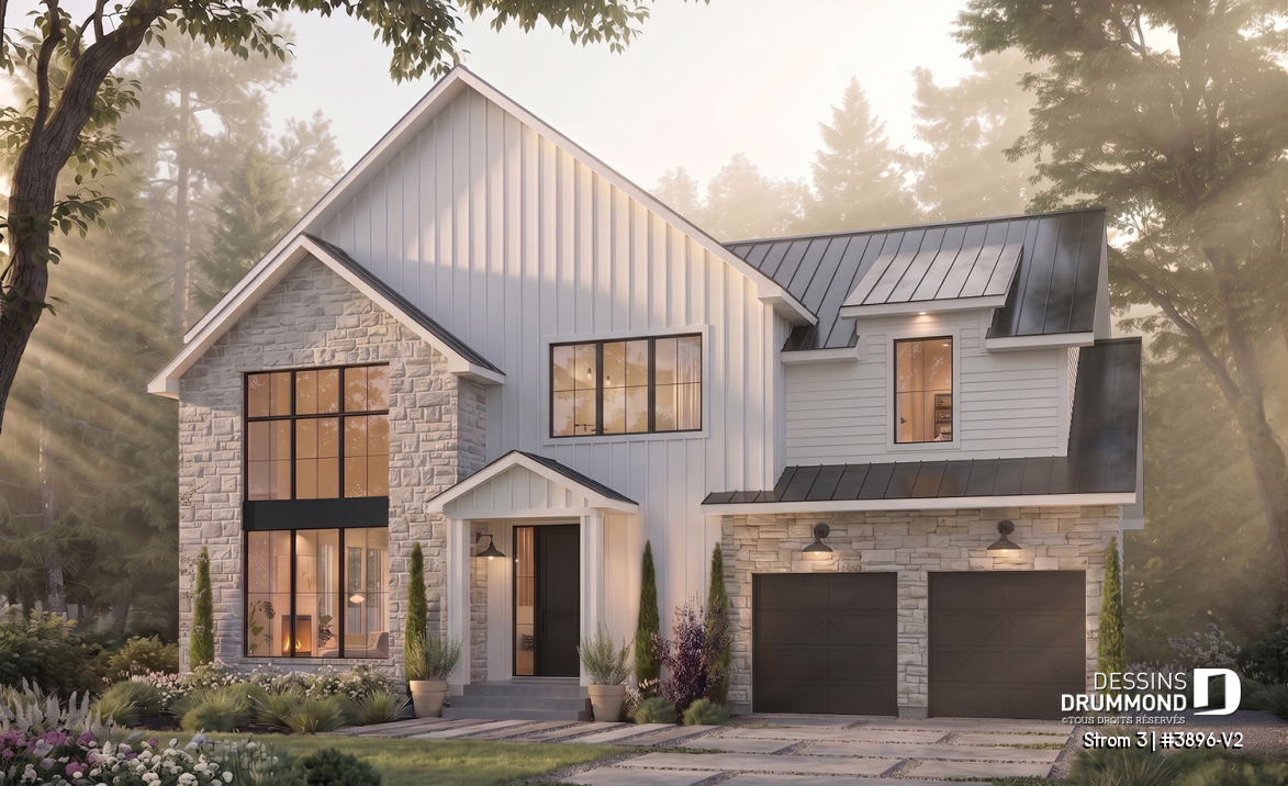 Vue avant - MODÈLE DE BASE - Plan de maison farmhouse moderne à étage avec 3 à 4 chambres, sous-sol aménagé optionnel et garage double - Strom 3