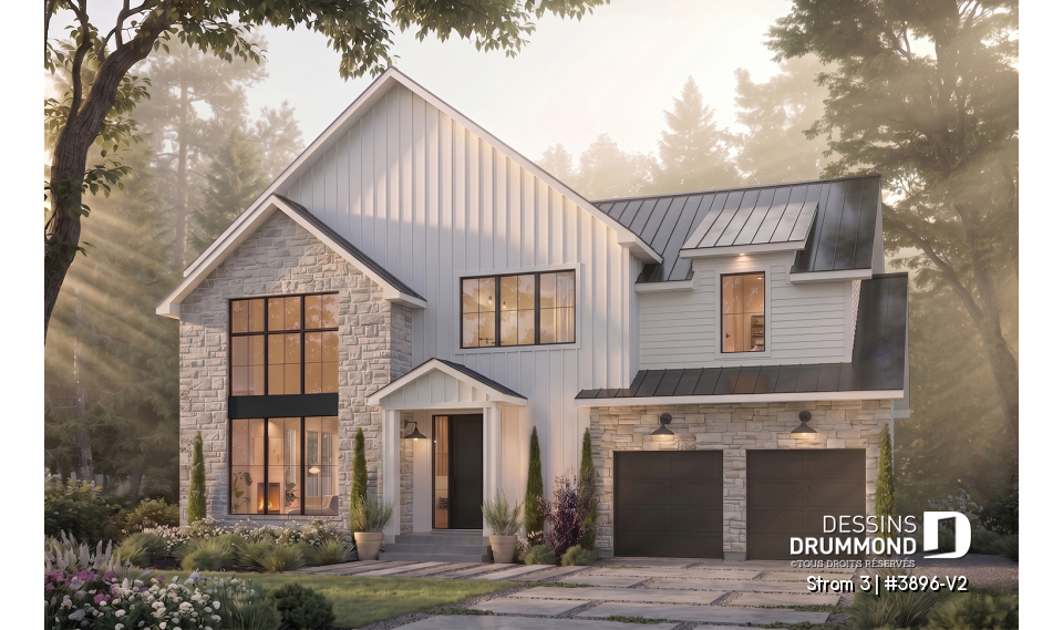 Vue avant - MODÈLE DE BASE - Plan de maison farmhouse moderne à étage avec 3 à 4 chambres, sous-sol aménagé optionnel et garage double - Strom 3