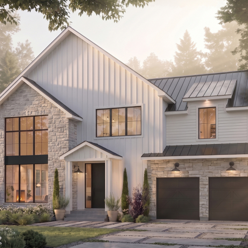 Vue avant - MODÈLE DE BASE - Plan de maison farmhouse moderne à étage avec 3 à 4 chambres, sous-sol aménagé optionnel et garage double - Strom 3