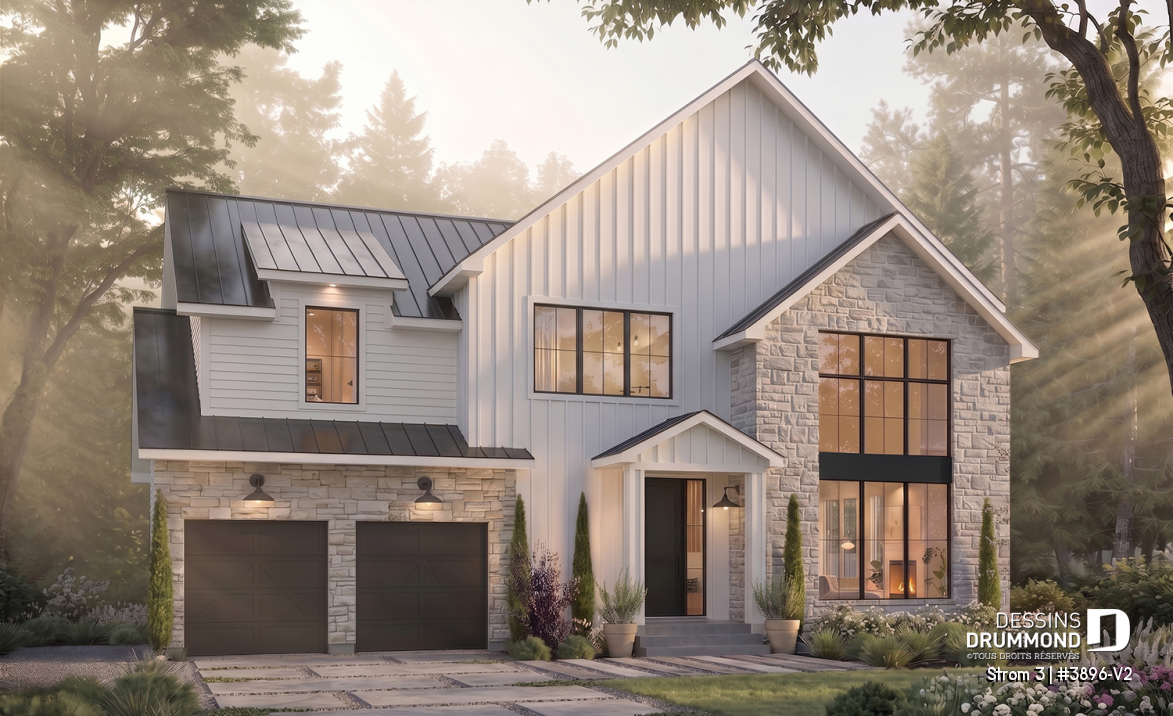Vue avant - MODÈLE DE BASE - Plan de maison farmhouse moderne à étage avec 3 à 4 chambres, sous-sol aménagé optionnel et garage double - Strom 3