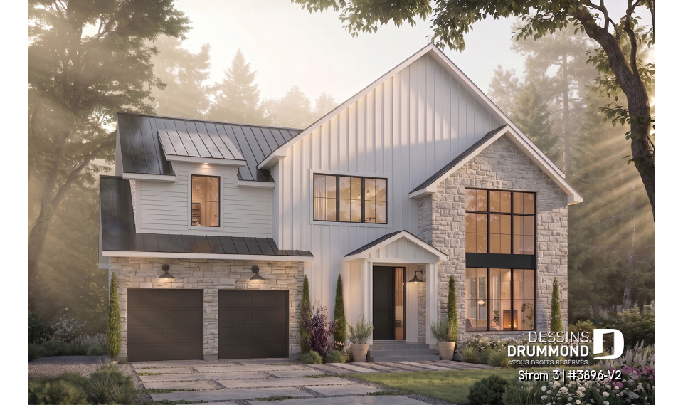 Vue avant - MODÈLE DE BASE - Plan de maison farmhouse moderne à étage avec 3 à 4 chambres, sous-sol aménagé optionnel et garage double - Strom 3